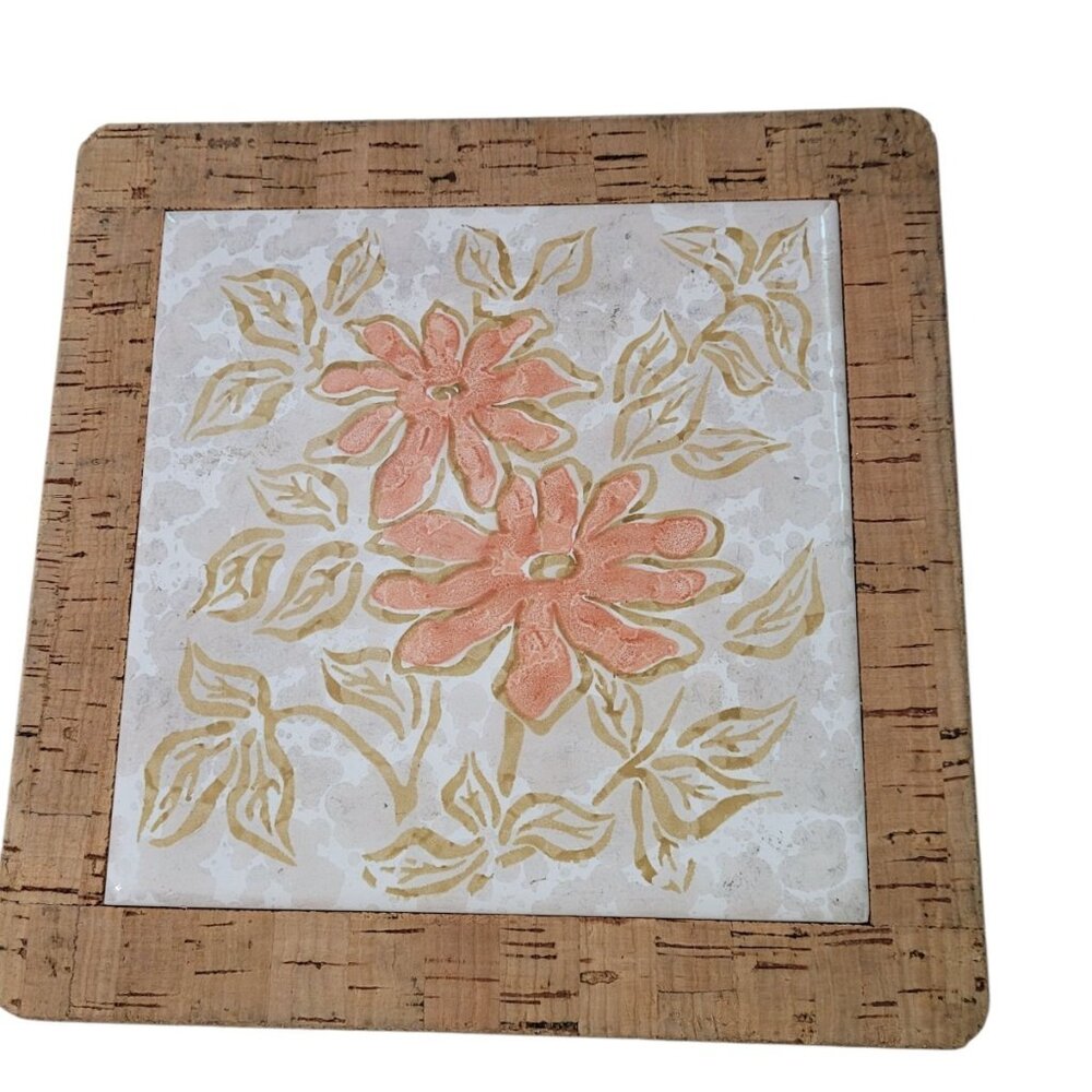 Floral‎ Tile Trivet Made In Portugal Surrounded With Cork-Tile-6x6 Trivet 7.75"